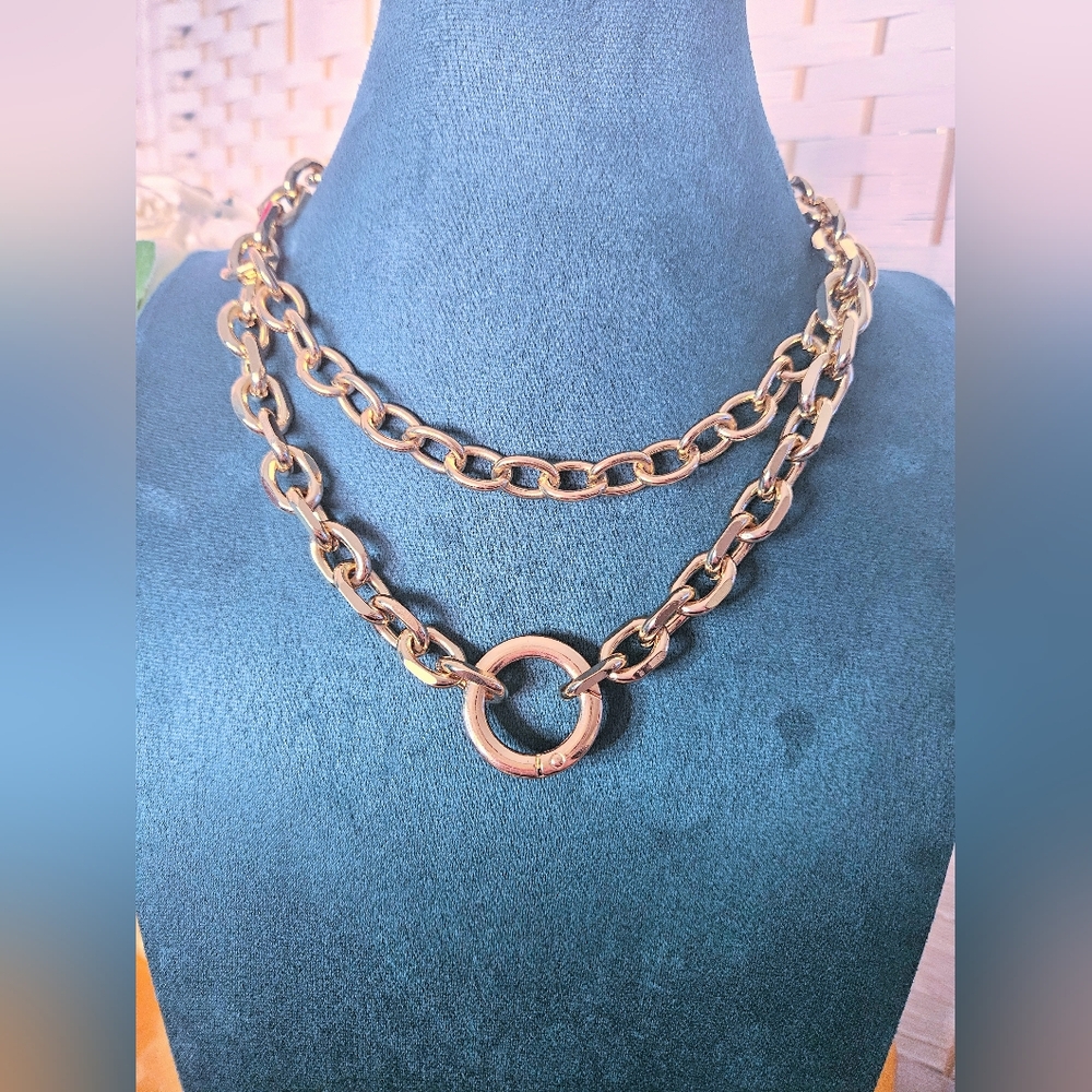 Express 18k GP Chunky Chain 2 Strand Circle Pendant Necklace